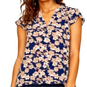 Floral V-Neck Cap Sleeve Blouse - Navy and Cream